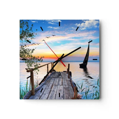 Zegar ścienny - Molo nad jeziorem z łodzią i zachodem słońca - 30x30cm - Dobry wieczór - Nowoczesna dekoracja ścienna do salonu i sypialni ARTTOR