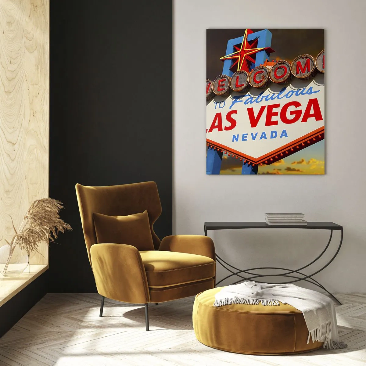 Obraz na szkle - Znak powitalny Las Vegas na tle zachodzącego słońca - 50x70cm - Po uśmiech losu - Nowoczesna dekoracja ścienna do salonu, kuchni i sypialni ARTTOR