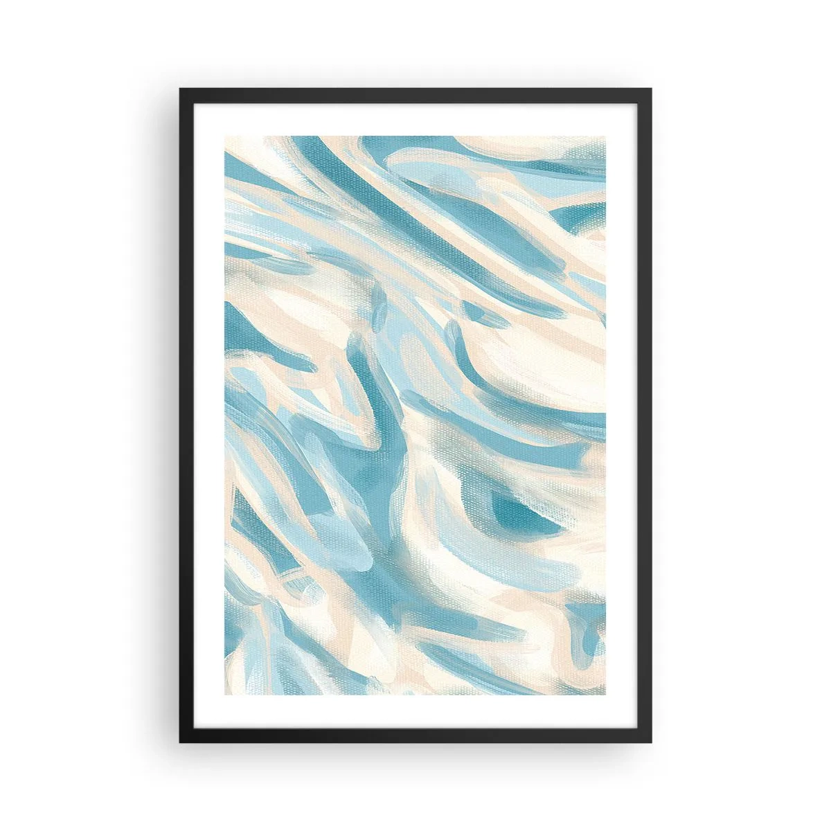Plakat w czarnej ramie - Abstrakcyjne fale w błękitnych i beżowych odcieniach - 50x70cm - Wiosenne powiewy - Nowoczesna dekoracja ścienna do salonu i sypialni ARTTOR