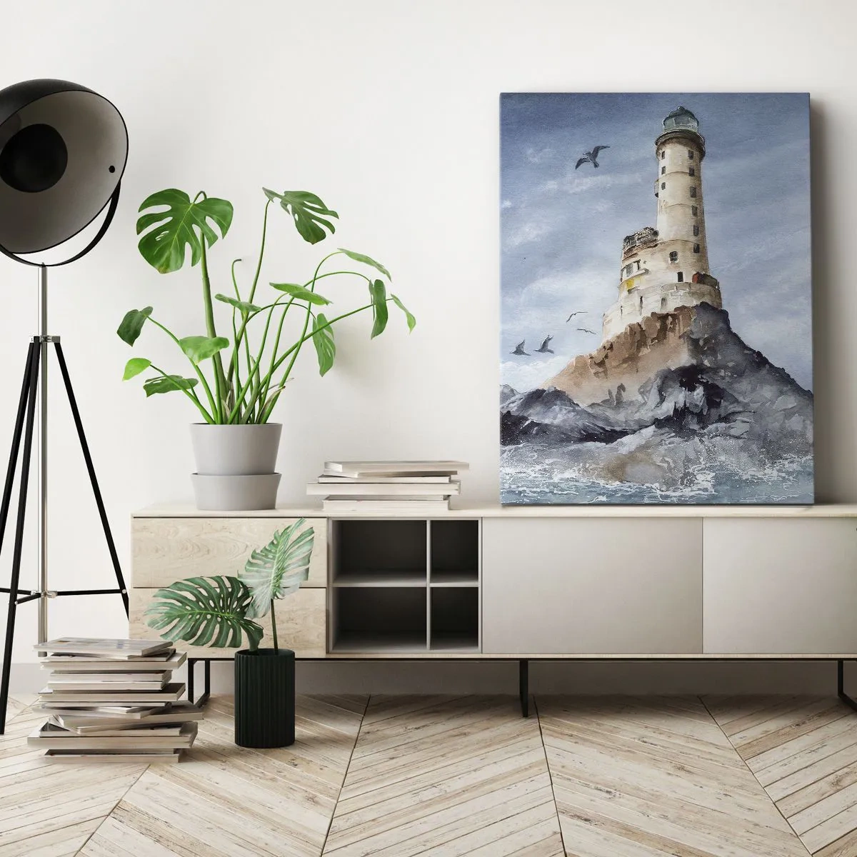 Obraz na płótnie - Akwarelowy obraz latarni morskiej stojącej na skalistym klifie wśród fal oceanu - 50x70cm - Niezwyciężona - Nowoczesna dekoracja ścienna do salonu, kuchni i sypialni ARTTOR
