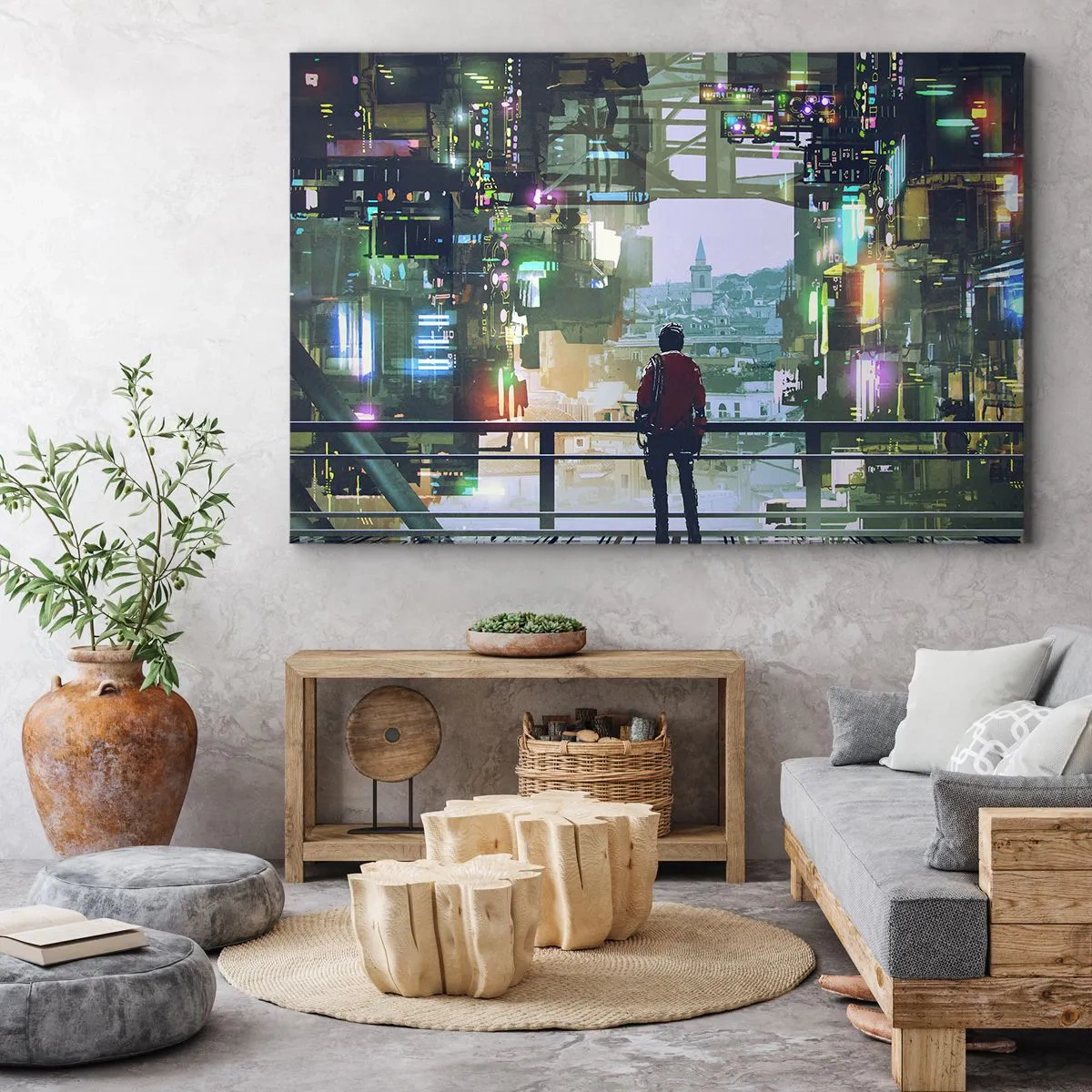 Obraz na płótnie - Postać w futurystycznym mieście z neonowymi światłami - 70x50cm - Dwa światy - Nowoczesna dekoracja ścienna do salonu i sypialni ARTTOR