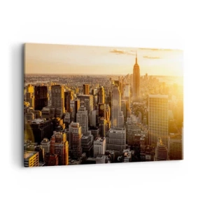 Obraz na płótnie - Panorama Nowego Jorku o zachodzie słońca z widokiem na Empire State Building - 120x80cm - Rosnąc w słońcu - Nowoczesna dekoracja ścienna do salonu, kuchni i sypialni ARTTOR