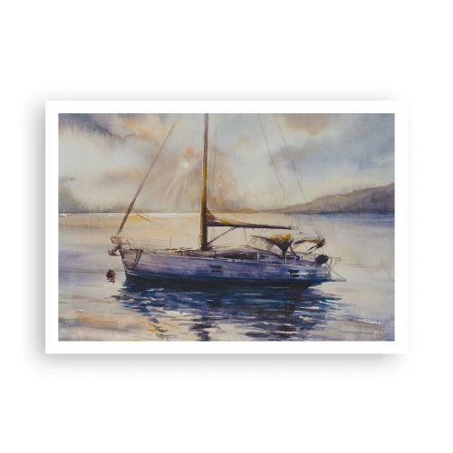 Plakat - Jacht na spokojnym morzu o zachodzie słońca - 100x70cm - Wieczór w zatoce - Nowoczesna dekoracja ścienna do salonu i sypialni ARTTOR
