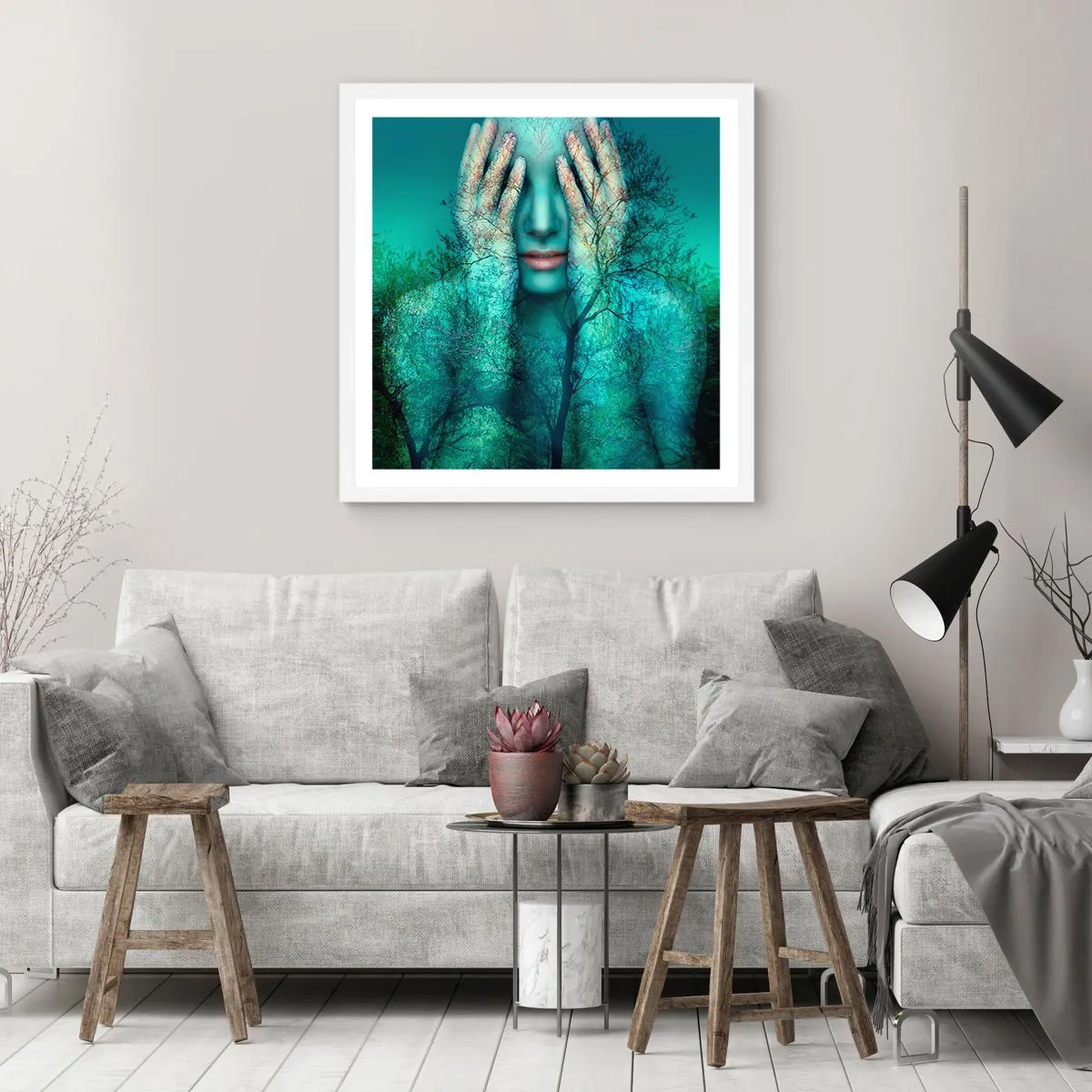 Plakat w białej ramie - Zanurzona w błękicie - 60x60 cm