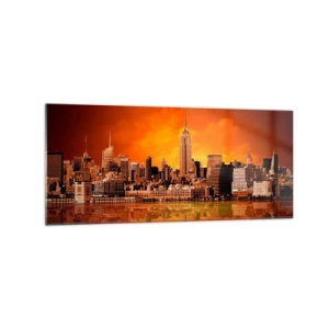 Obraz na szkle - Panorama miasta o zachodzie słońca z odbiciem budynków w wodzie - 120x50cm - Panorama wielkomiejska w żólci i brązie - Nowoczesna dekoracja ścienna do salonu i sypialni ARTTOR