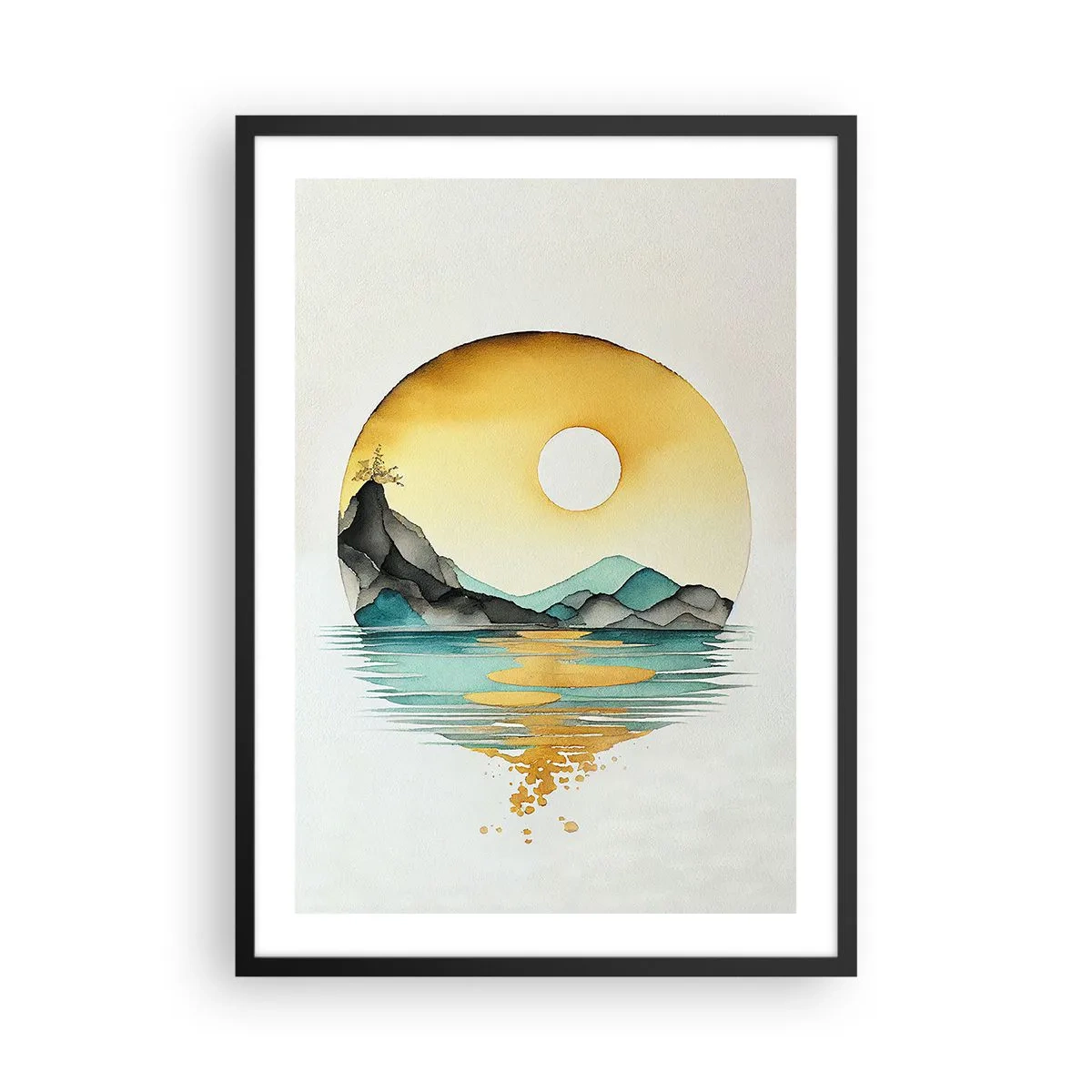 Plakat w czarnej ramie - Minimalistyczny krajobraz gór nad wodą w złotych barwach - 50x70cm - W kręgu piękna - Nowoczesna dekoracja ścienna do salonu i sypialni ARTTOR