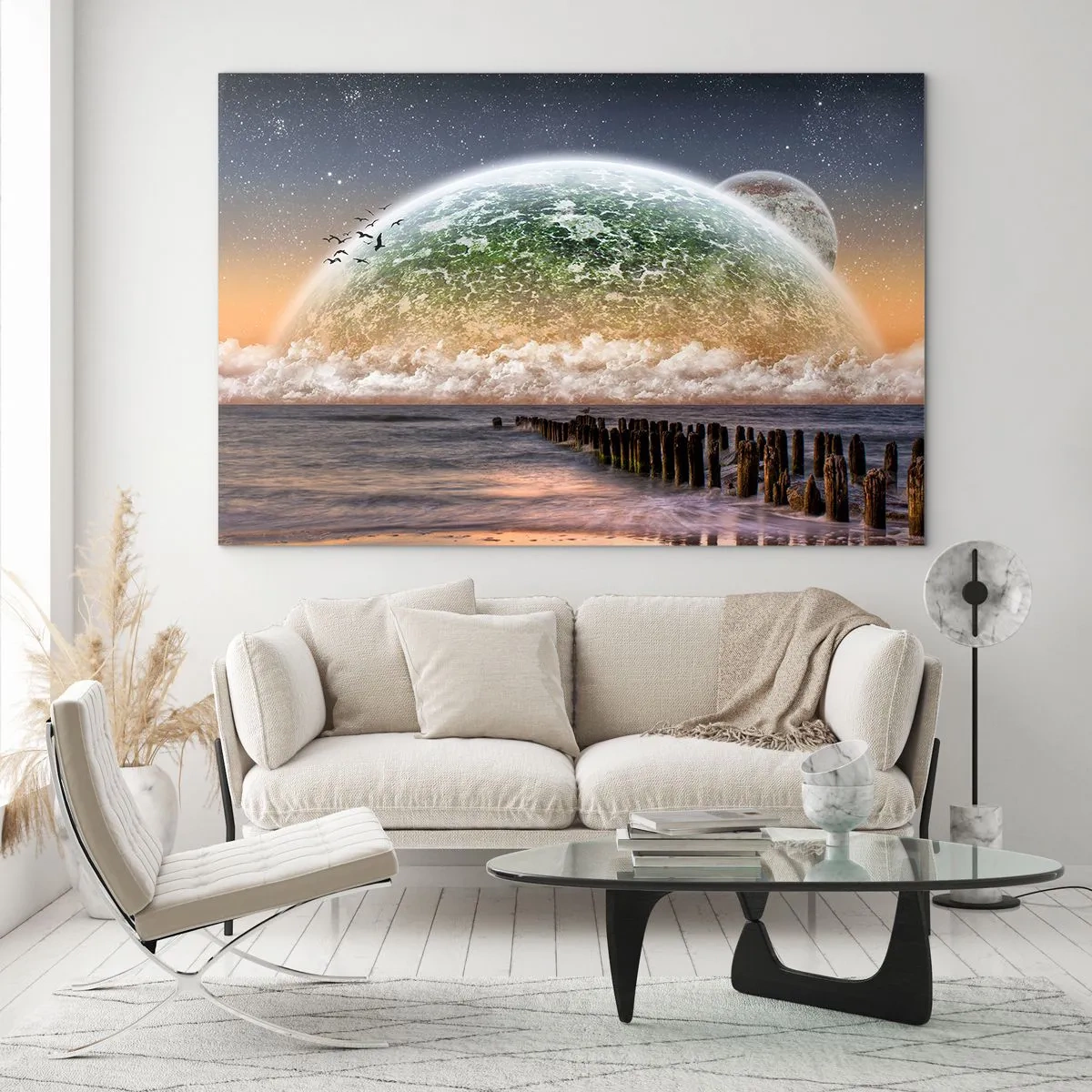 Obraz na szkle - Zachód słońca nad planetą i oceanem - 70x50cm - I świat wyłonił się z wody - Nowoczesna dekoracja ścienna do salonu i sypialni ARTTOR