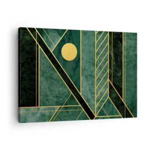 Obraz na płótnie - Geometria w zieleni i złocie z eleganckim wzorem - 70x50cm - Dynamika złota i lazuru - Nowoczesna dekoracja ścienna do salonu i sypialni ARTTOR