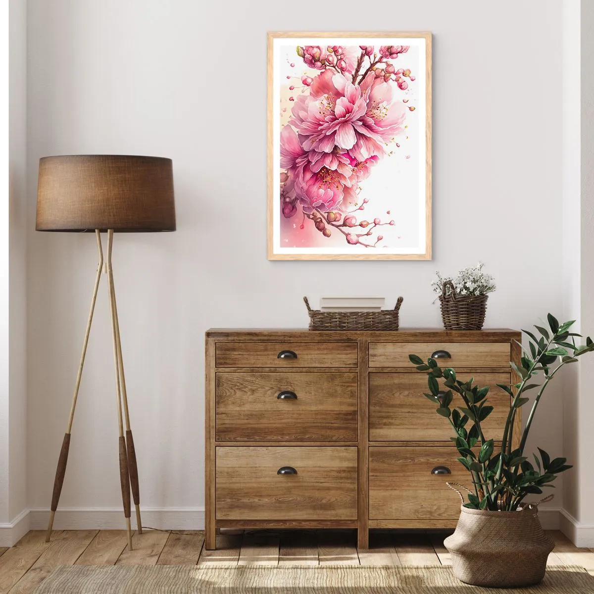 Plakat w ramie jasny dąb - Kwiat kwitnącej wiśni - 30x40 cm