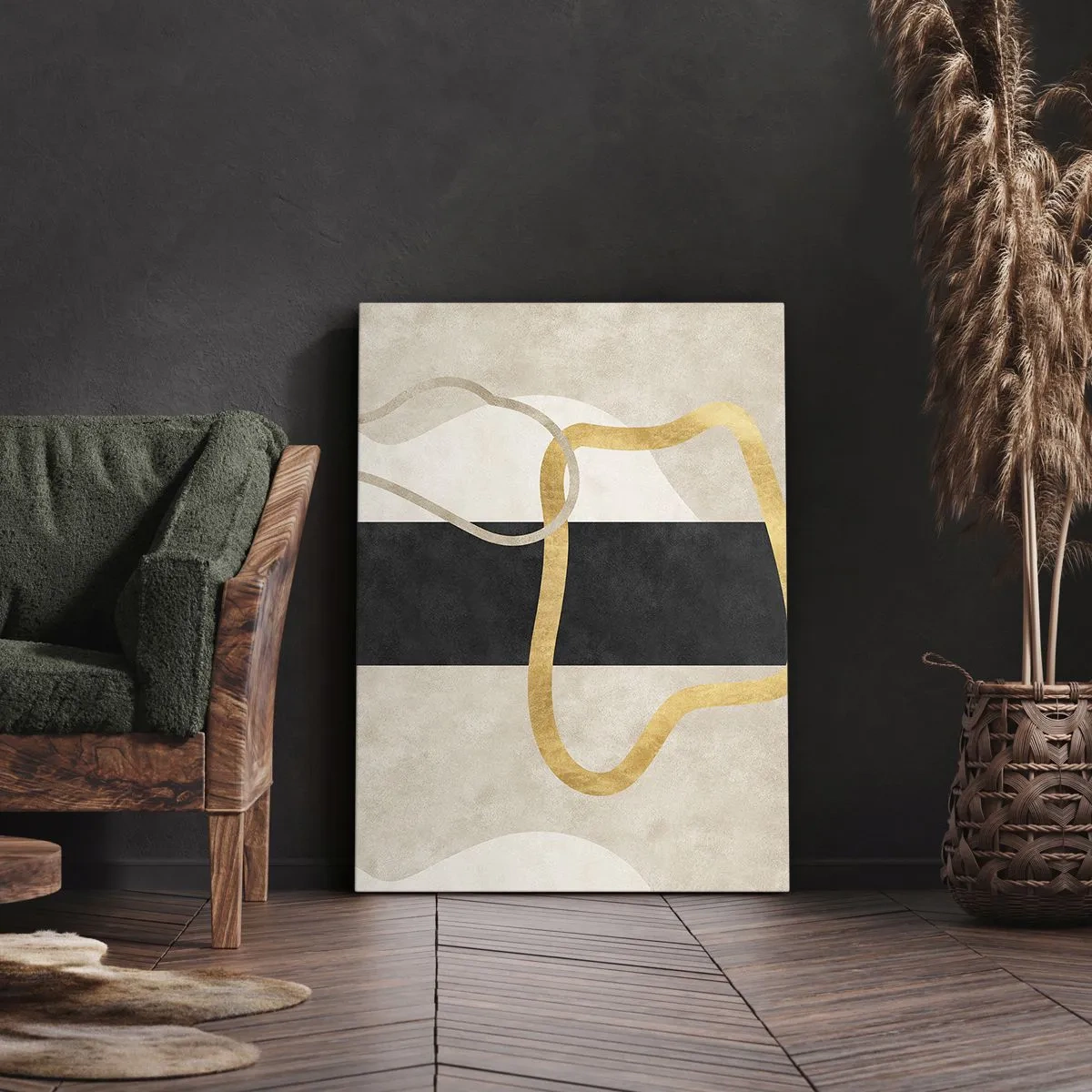 Obraz na płótnie - Minimalistyczna abstrakcja w odcieniach beżu, czerni i złota - 50x70cm - Kształty zapętlone - Nowoczesna dekoracja ścienna do salonu, kuchni i sypialni ARTTOR