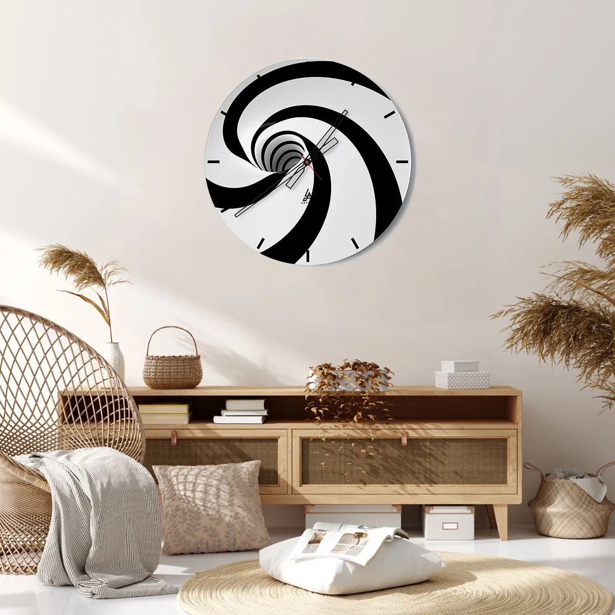 Zegar ścienny - Dynamiczna czarno-biała spirala - 30x30cm - Poddać się wirowi? - Nowoczesna dekoracja ścienna do salonu, kuchni i sypialni ARTTOR
