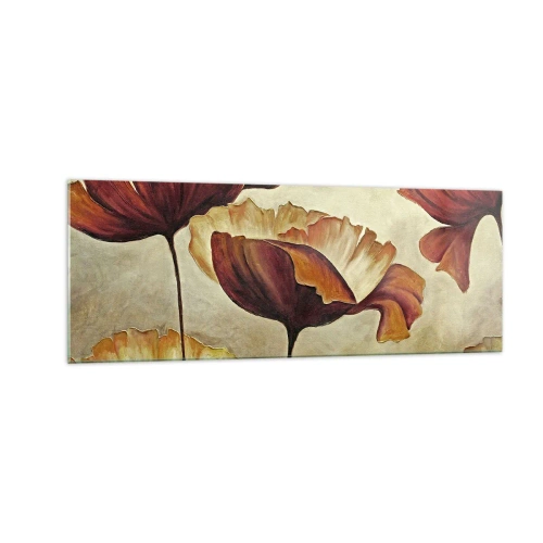 Obraz na szkle - Subtelne kwiaty w odcieniach czerwieni i złota na jasnym tle - 140x50cm - Łąki łan - Nowoczesna dekoracja ścienna do salonu i sypialni ARTTOR