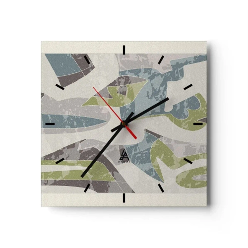 Zegar ścienny - Abstrakcyjne kształty w zieleni i błękicie na jasnym tle - 30x30cm - Kompozycja za szybą - Nowoczesna dekoracja ścienna do salonu i sypialni ARTTOR