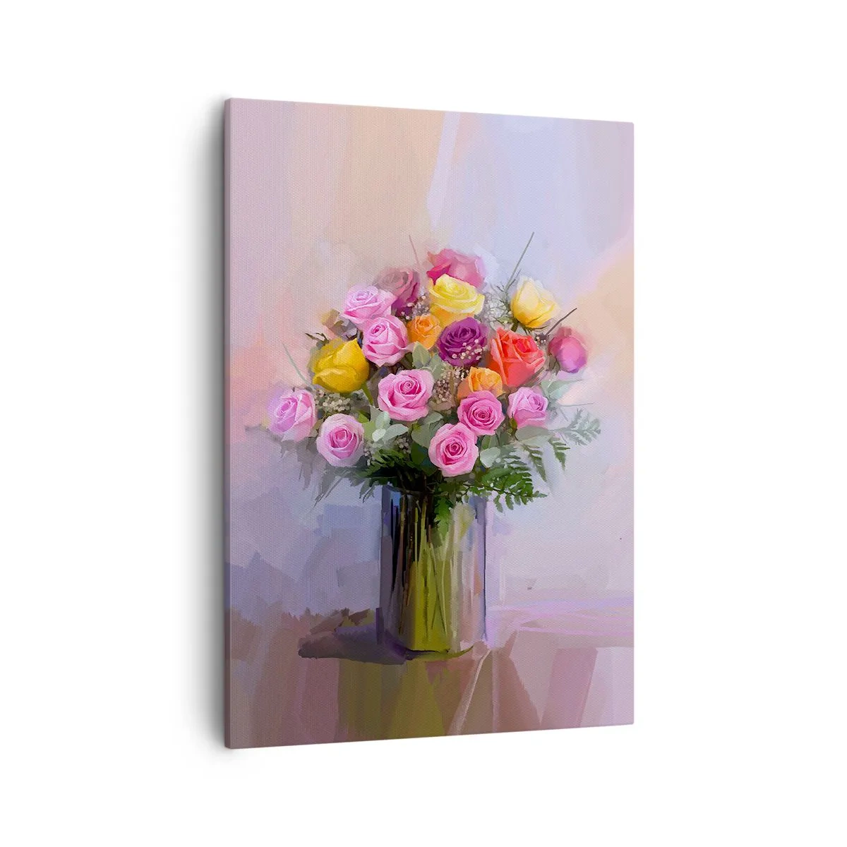 Obraz na płótnie - Bukiet kolorowych róż w szklanym wazonie na tle pastelowych barw - 50x70cm - Zatrzymane piękno - Nowoczesna dekoracja ścienna do salonu, kuchni i sypialni ARTTOR