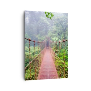 Obraz na płótnie - Most wiszący w tropikalnej dżungli otoczony mgłą - 70x100cm - Zawieszony nad koronami - Nowoczesna dekoracja ścienna do salonu i sypialni ARTTOR