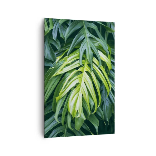 Obraz na płótnie - Zielone liście w gęstym tropikalnym układzie - 80x120cm - Zanurzyć się w świeżości - Nowoczesna dekoracja ścienna do salonu i sypialni ARTTOR