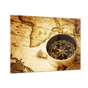 Obraz na szkle - Złoty kompas na tle starej mapy - 100x70cm - Na wschód czy na zachód? - Nowoczesna dekoracja ścienna do salonu, kuchni i sypialni ARTTOR
