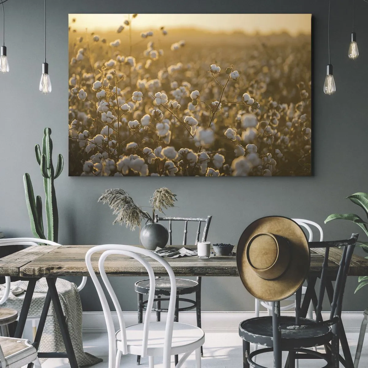 Obraz na płótnie - Pole bawełny w ciepłym świetle zachodzącego słońca - 70x50cm - Puszyste pole - Nowoczesna dekoracja ścienna do salonu i sypialni ARTTOR