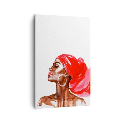Obraz na płótnie - Profil kobiety z czerwonym turbanem i kolczykami - 80x120cm - "Jest wiatr, co nozdrza mężczyzny rozchyla" - Nowoczesna dekoracja ścienna do salonu i sypialni ARTTOR