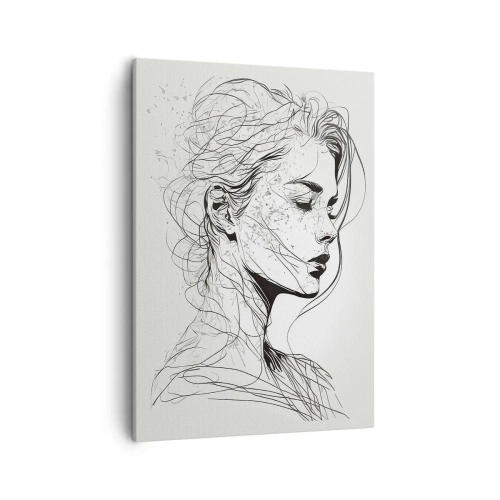 Obraz na płótnie - Szkic kobiety o zamyślonym wyrazie twarzy w minimalistycznym stylu - 50x70cm - Portret w zamyśleniu - Nowoczesna dekoracja ścienna do salonu, kuchni i sypialni ARTTOR