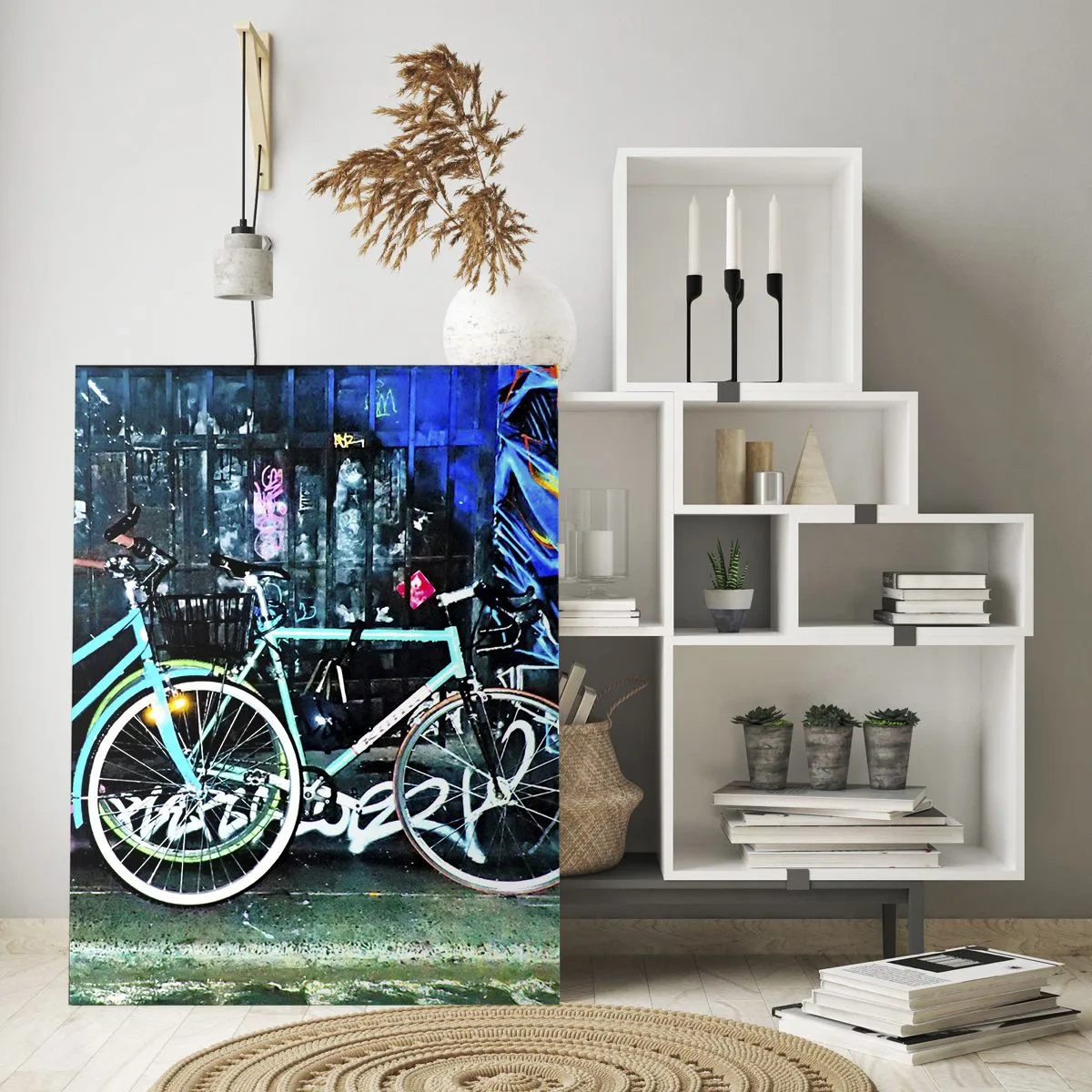 Obraz na szkle - Rower miejski na tle graffiti i neonowego klimatu - 50x70cm - Miasto woła - Nowoczesna dekoracja ścienna do salonu, kuchni i sypialni ARTTOR