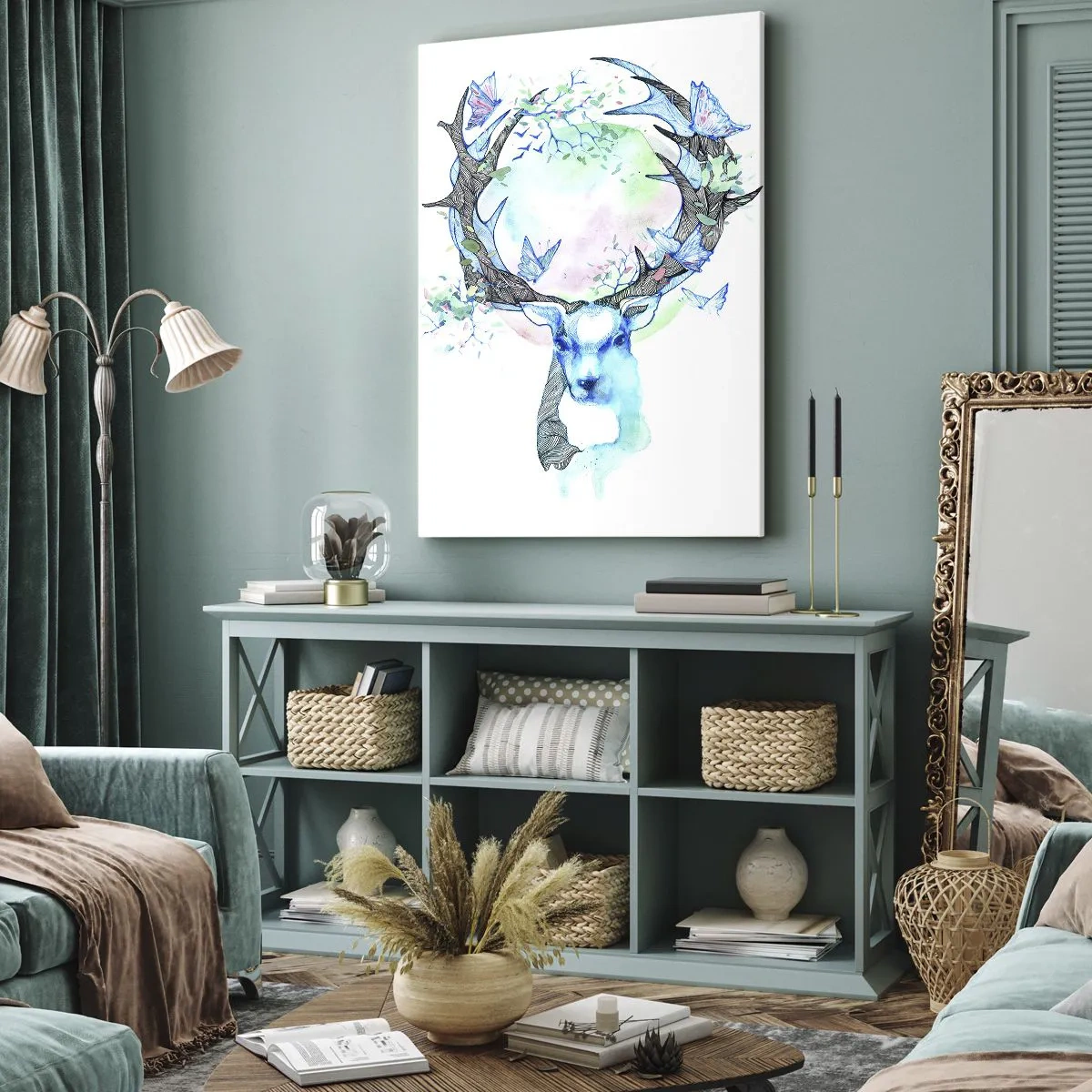 Obraz na płótnie - Jeleń z motylami - 50x70cm - Siła i delikatność natury - Nowoczesna dekoracja ścienna do salonu, kuchni i sypialni ARTTOR