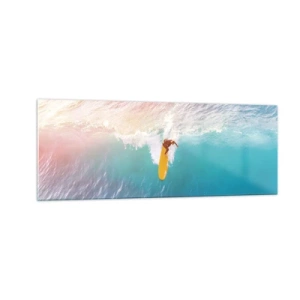 Obraz na szkle - Surfer na fali w pastelowych kolorach - 140x50cm - Oceaniczny jeździec - Nowoczesna dekoracja ścienna do salonu i sypialni ARTTOR