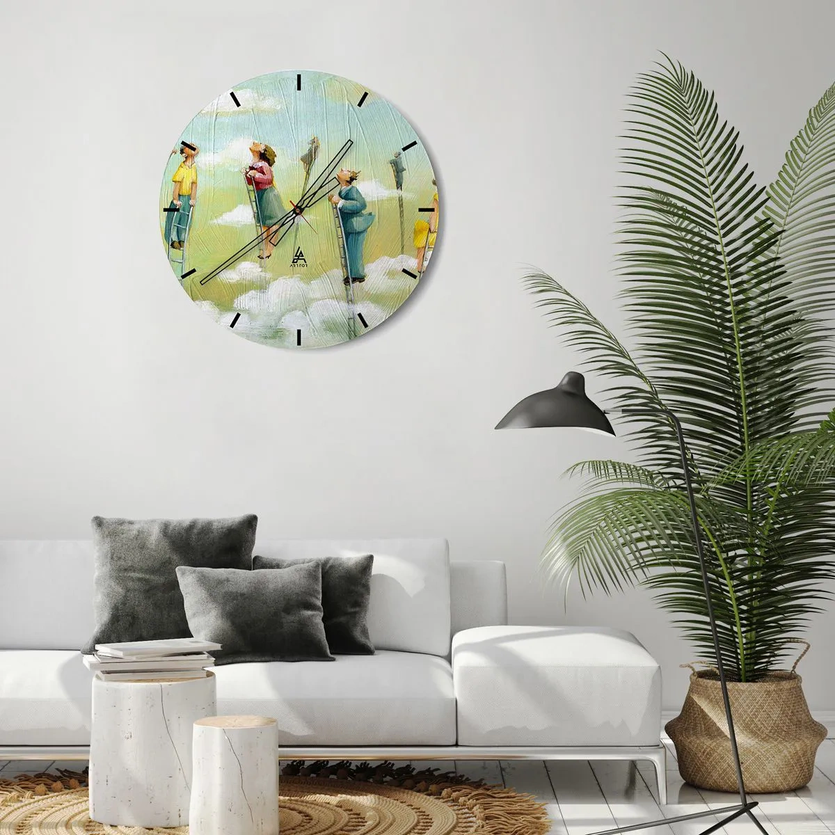 Zegar ścienny - Osoby wspinające się po drabinach w chmurach na kolorowym tle - 30x30cm - Za swoim marzeniem - Nowoczesna dekoracja ścienna do salonu, kuchni i sypialni ARTTOR