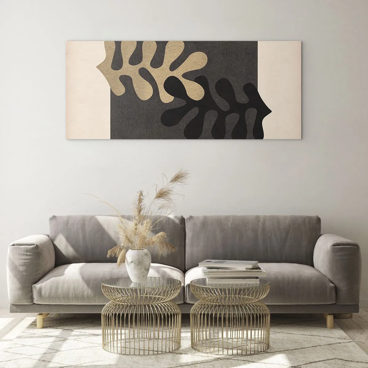 Obraz na szkle - Abstrakcyjne liście w czerni i beżu na prostokątnym tle - 120x50cm - Brak i dopełnienie - Nowoczesna dekoracja ścienna do salonu i sypialni ARTTOR