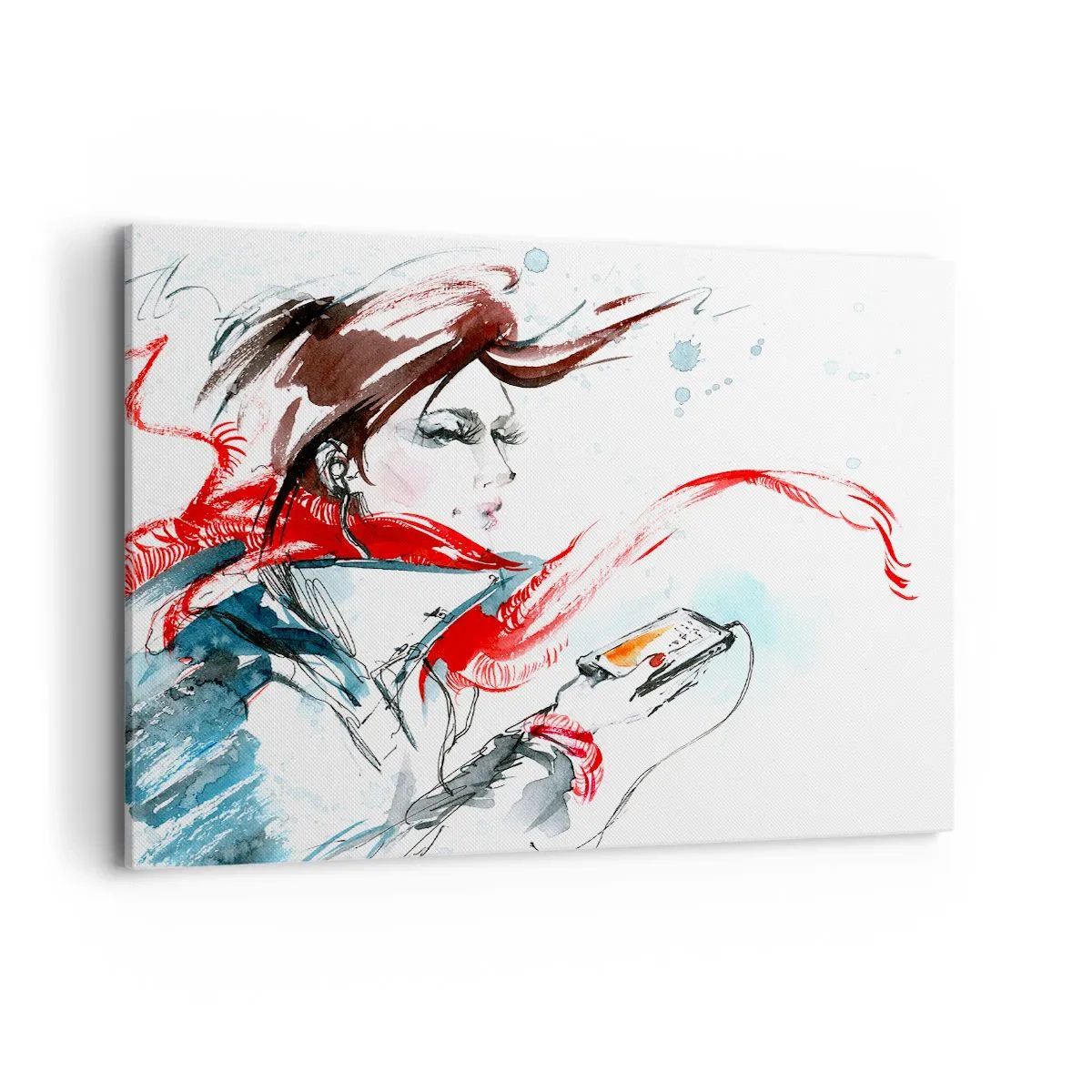 Obraz na płótnie - Kobieta w czerwonym szaliku z dynamicznymi pociągnięciami akwareli - 120x80cm - Coś we mnie gra - Nowoczesna dekoracja ścienna do salonu, kuchni i sypialni ARTTOR