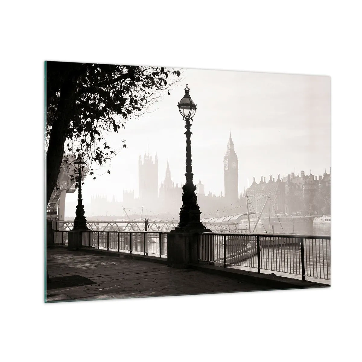 Obraz na szkle - Czarno-biała fotografia londyńskiej promenady z Big Benem - 70x50cm - Londyński poranek - Nowoczesna dekoracja ścienna do salonu i sypialni ARTTOR
