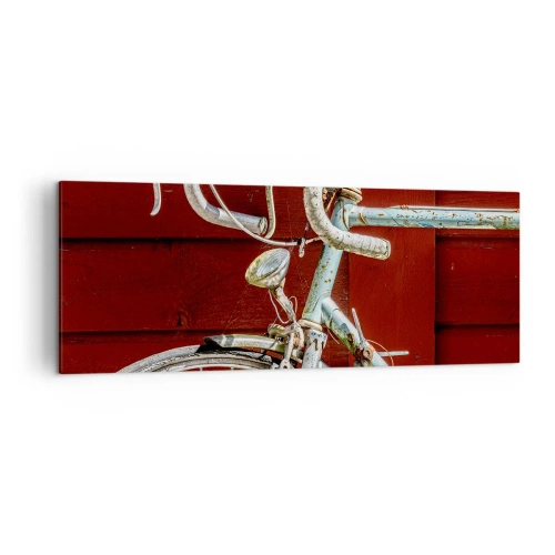 Obraz na płótnie - Zabytkowy rower na tle czerwonej drewnianej ściany - 140x50cm - Stworzony do zwycięstw - Nowoczesna dekoracja ścienna do salonu i sypialni ARTTOR