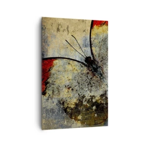 Obraz na płótnie - Motyl w odcieniach czerwieni i szarości na teksturowanym tle - 80x120cm - Patrz, zanim zniknę - Nowoczesna dekoracja ścienna do salonu i sypialni ARTTOR