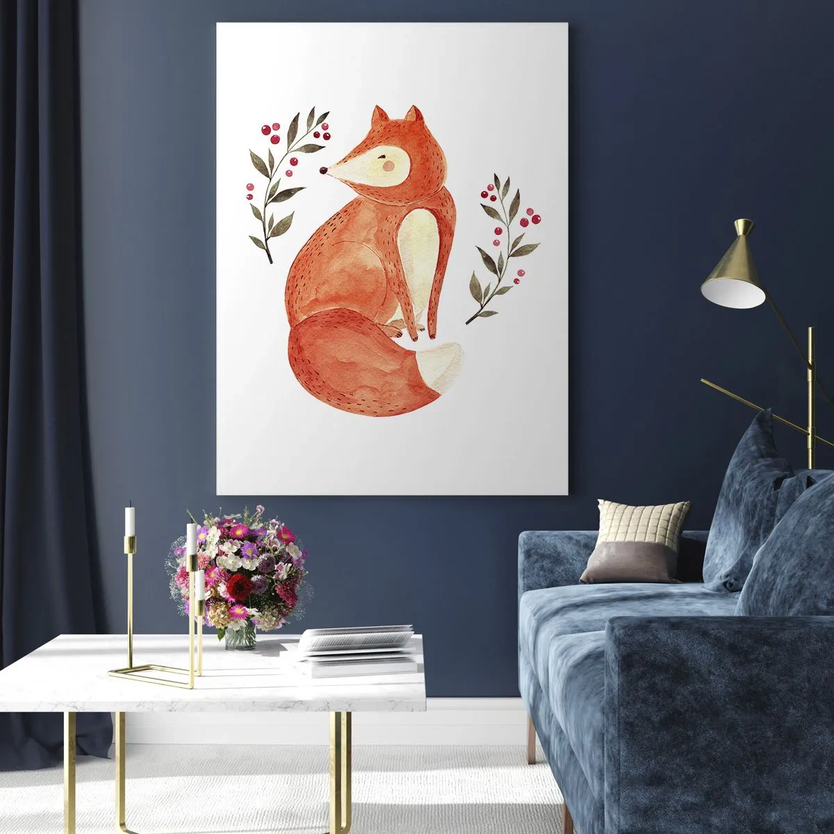 Obraz na szkle - Akwarelowy lis w otoczeniu gałązek z jagodami - 70x100cm - Mały rudzielec - Nowoczesna dekoracja ścienna do salonu i sypialni ARTTOR