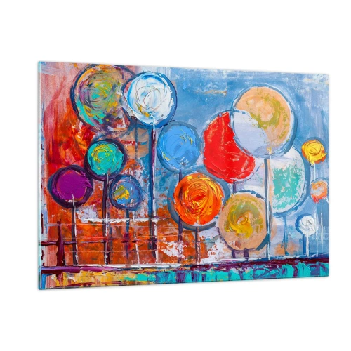 Obraz na szkle - Kolorowe, abstrakcyjne drzewa malowane na tle nieba - 120x80cm - Cuda na kiju - Nowoczesna dekoracja ścienna do salonu, kuchni i sypialni ARTTOR