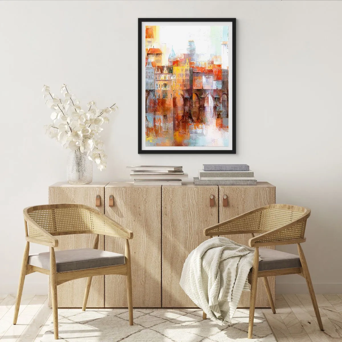 Plakat w czarnej ramie - Malownicze miasto z mostem w artystycznym stylu - 50x70cm - Pod mostem też pięknie - Nowoczesna dekoracja ścienna do salonu i sypialni ARTTOR