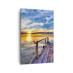 Obraz na płótnie - Drewniany pomost nad jeziorem o zachodzie słońca - 80x120cm - Wiatr idzie na spoczynek - Nowoczesna dekoracja ścienna do salonu i sypialni ARTTOR
