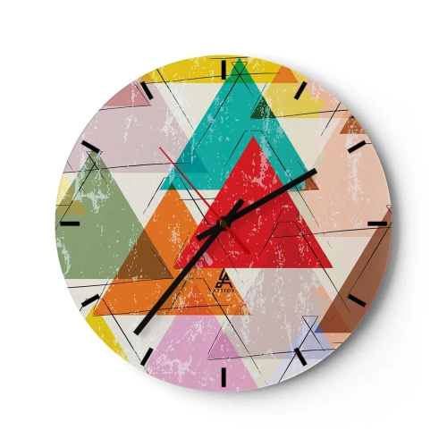 Zegar ścienny - Kolorowe trójkąty w stylu geometrycznym z efektem postarzenia - 30x30cm - Trzy po trzy - Nowoczesna dekoracja ścienna do salonu, kuchni i sypialni ARTTOR