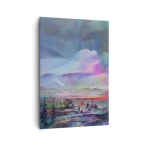 Obraz na płótnie - Pejzaż górski z kolorowym niebem i wioską - 70x100cm - Pod życzliwym niebem - Nowoczesna dekoracja ścienna do salonu i sypialni ARTTOR