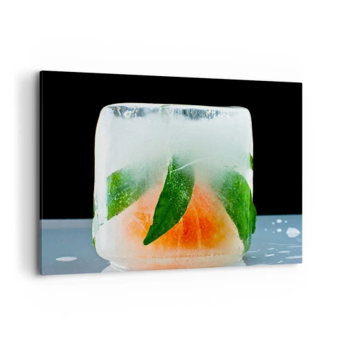 Obraz na płótnie - Kostka lodu z pomarańczą i liśćmi - 120x80cm - Świeżość i ochłoda - Nowoczesna dekoracja ścienna do salonu, kuchni i sypialni ARTTOR
