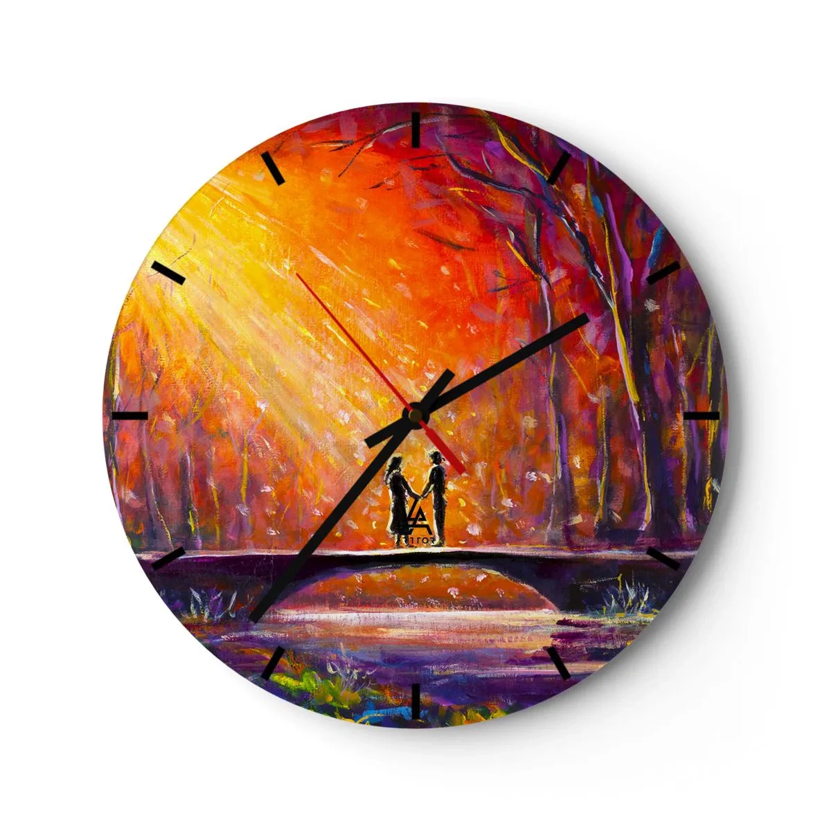 Zegar ścienny - Kolorowy zachód słońca nad mostem w lesie - 30x30cm - Niebo ich też kocha - Nowoczesna dekoracja ścienna do salonu, kuchni i sypialni ARTTOR