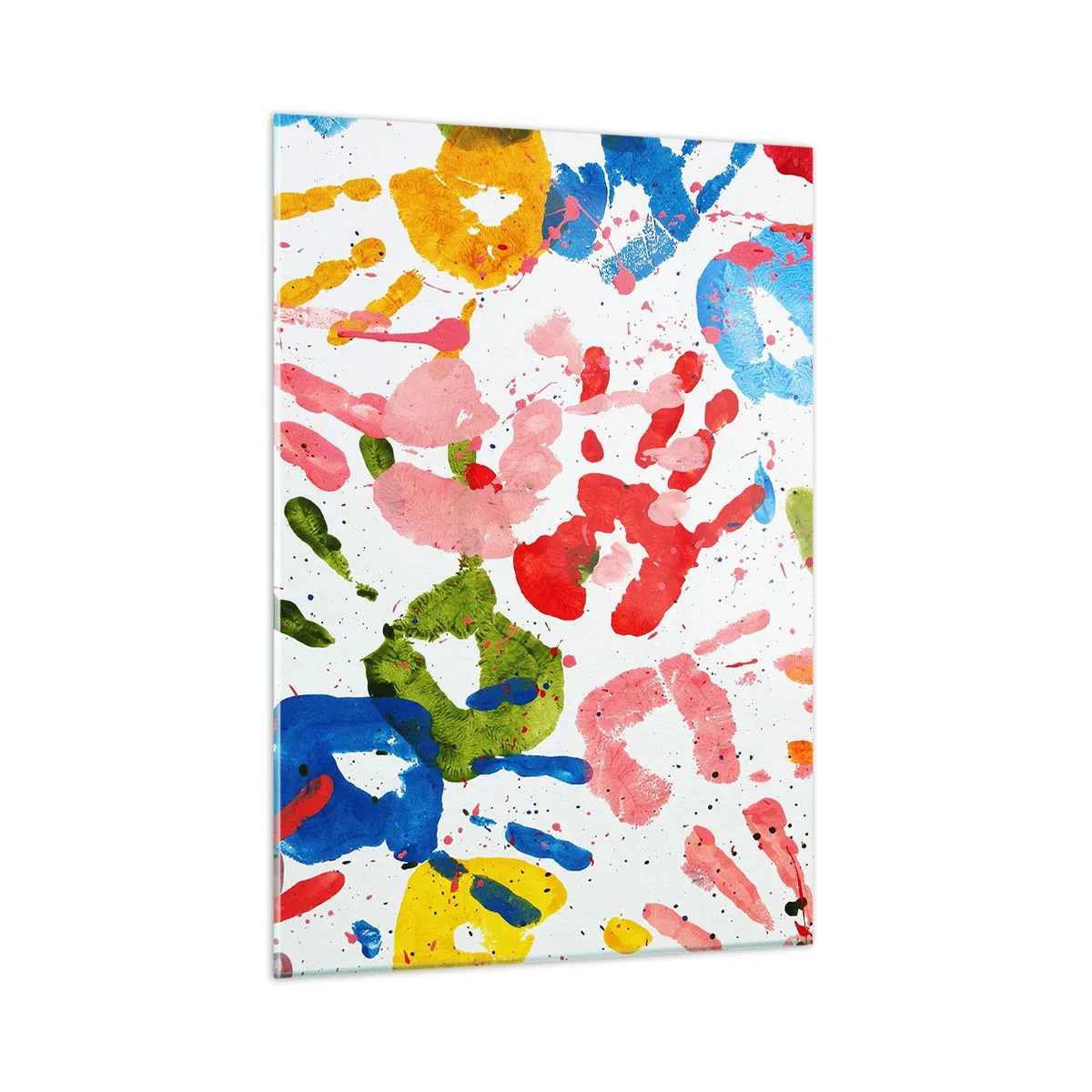 Obraz na szkle - Kolorowe odciski dłoni na białym tle - 50x70cm - Idź po śladach - Nowoczesna dekoracja ścienna do salonu, kuchni i sypialni ARTTOR