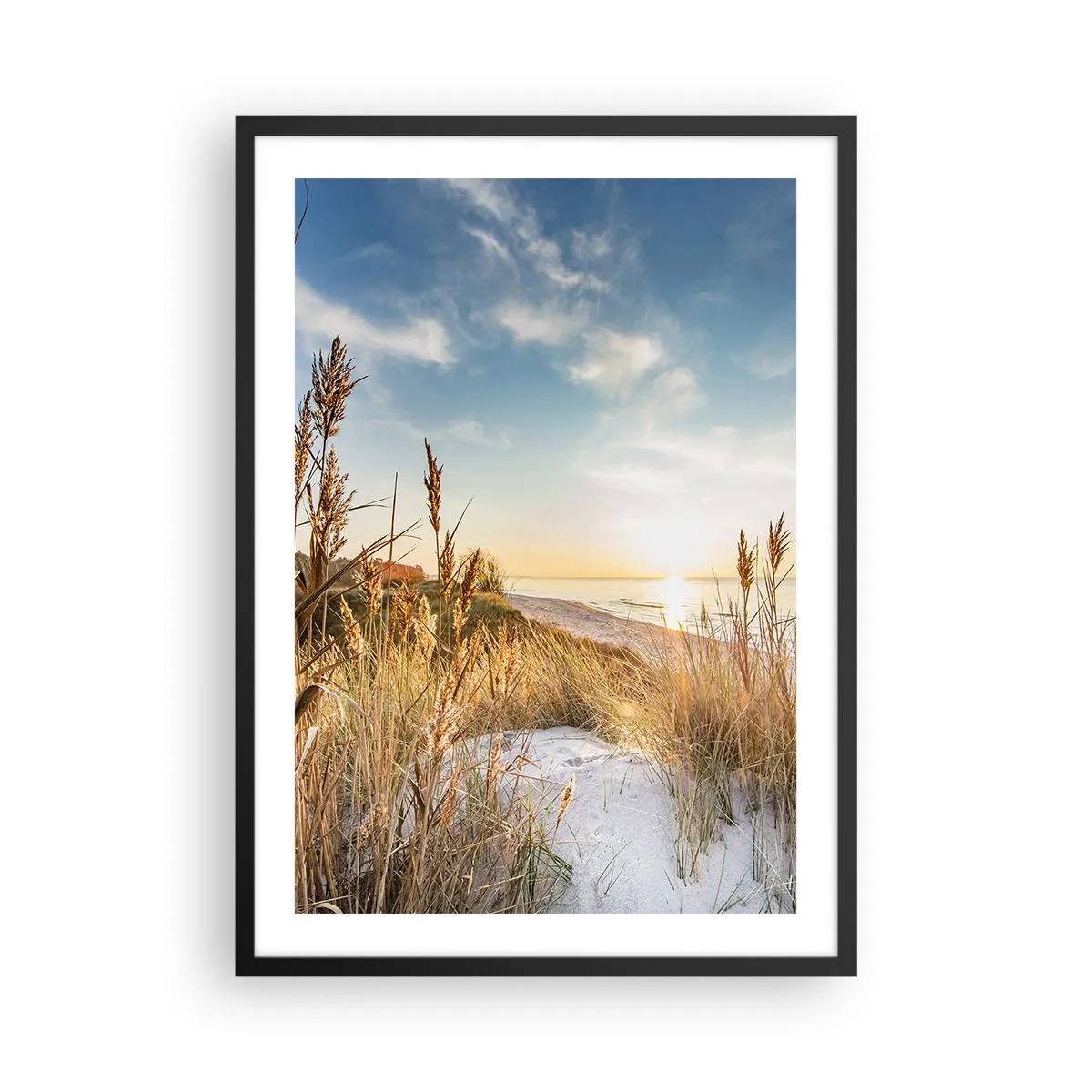 Plakat w czarnej ramie - Słoneczny krajobraz plaży z trawami na wydmach - 50x70cm - Północna plaża - Nowoczesna dekoracja ścienna do salonu i sypialni ARTTOR