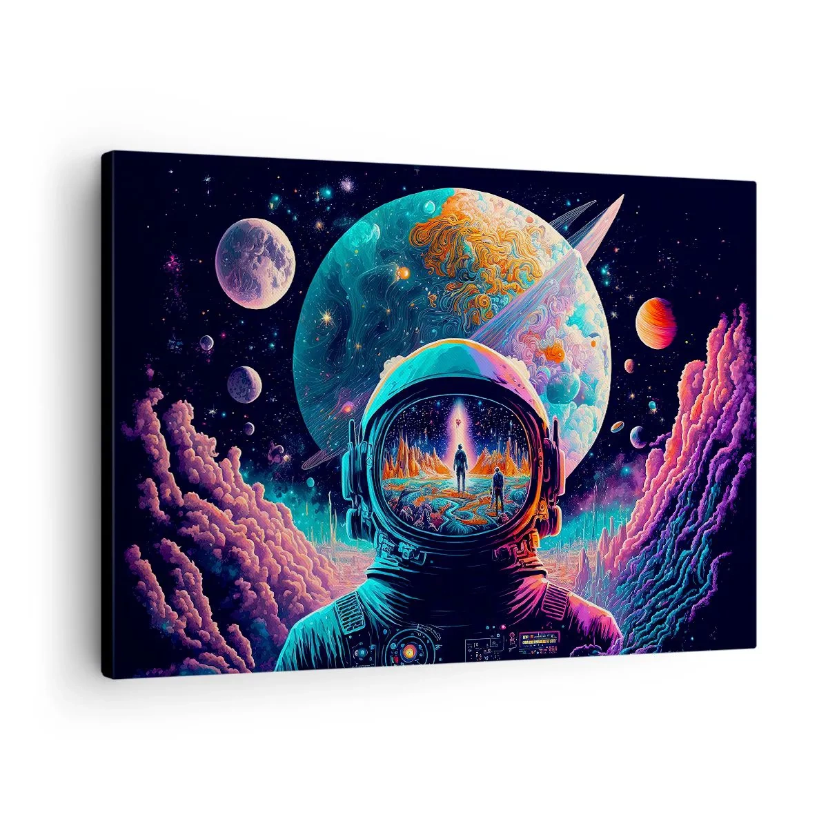 Obraz na płótnie - Astronauta w kosmosie z kolorowym pejzażem planetarnym - 70x50cm - Filozofom się nie śniło - Nowoczesna dekoracja ścienna do salonu i sypialni ARTTOR