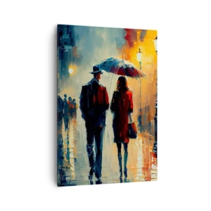 Obraz na płótnie - Spacer w deszczu pod parasolem w mieście nocą - 70x100cm - Miejska love story - Nowoczesna dekoracja ścienna do salonu i sypialni ARTTOR