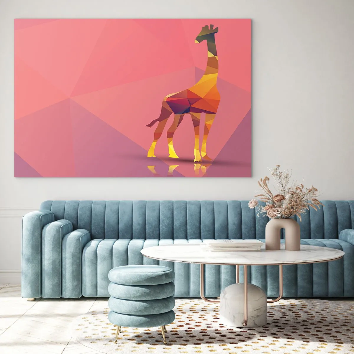 Obraz na szkle - Geometryczna żyrafa na pastelowym tle - 70x50cm - W barwach sawanny - Nowoczesna dekoracja ścienna do salonu i sypialni ARTTOR