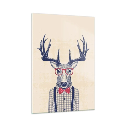 Obraz na szkle - Ilustracja przedstawiająca jelenia w okularach i muszce - 50x70cm - Zabawna ekstrawagancja - Nowoczesna dekoracja ścienna do salonu, kuchni i sypialni ARTTOR
