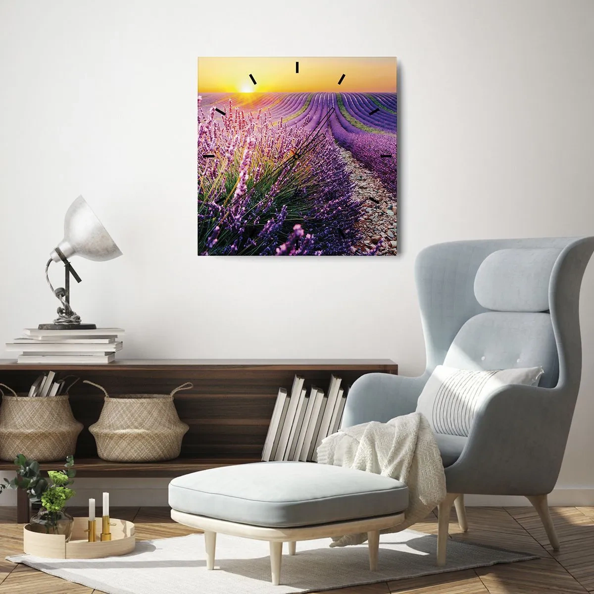 Zegar ścienny - Pole lawendy o zachodzie słońca - 30x30cm - Pachnący łan - Nowoczesna dekoracja ścienna do salonu i sypialni ARTTOR