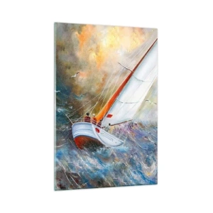 Obraz na szkle - Żaglówki na wzburzonych falach w dynamicznej kompozycji - 80x120cm - Biegnące po falach - Nowoczesna dekoracja ścienna do salonu i sypialni ARTTOR