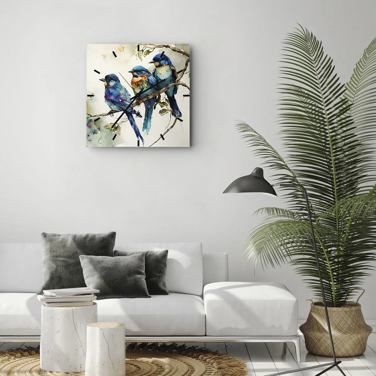Zegar ścienny - Trzy kolorowe ptaki na gałęzi w akwarelowym stylu - 30x30cm - Obraził się? - Nowoczesna dekoracja ścienna do salonu i sypialni ARTTOR